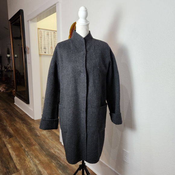 EILEEN FISHER CHARCOAL LIGHTWEIGHT STAND-UP COLLAR WOOL MID LENGTH COAT SZ SMALL - Picture 2 of 14